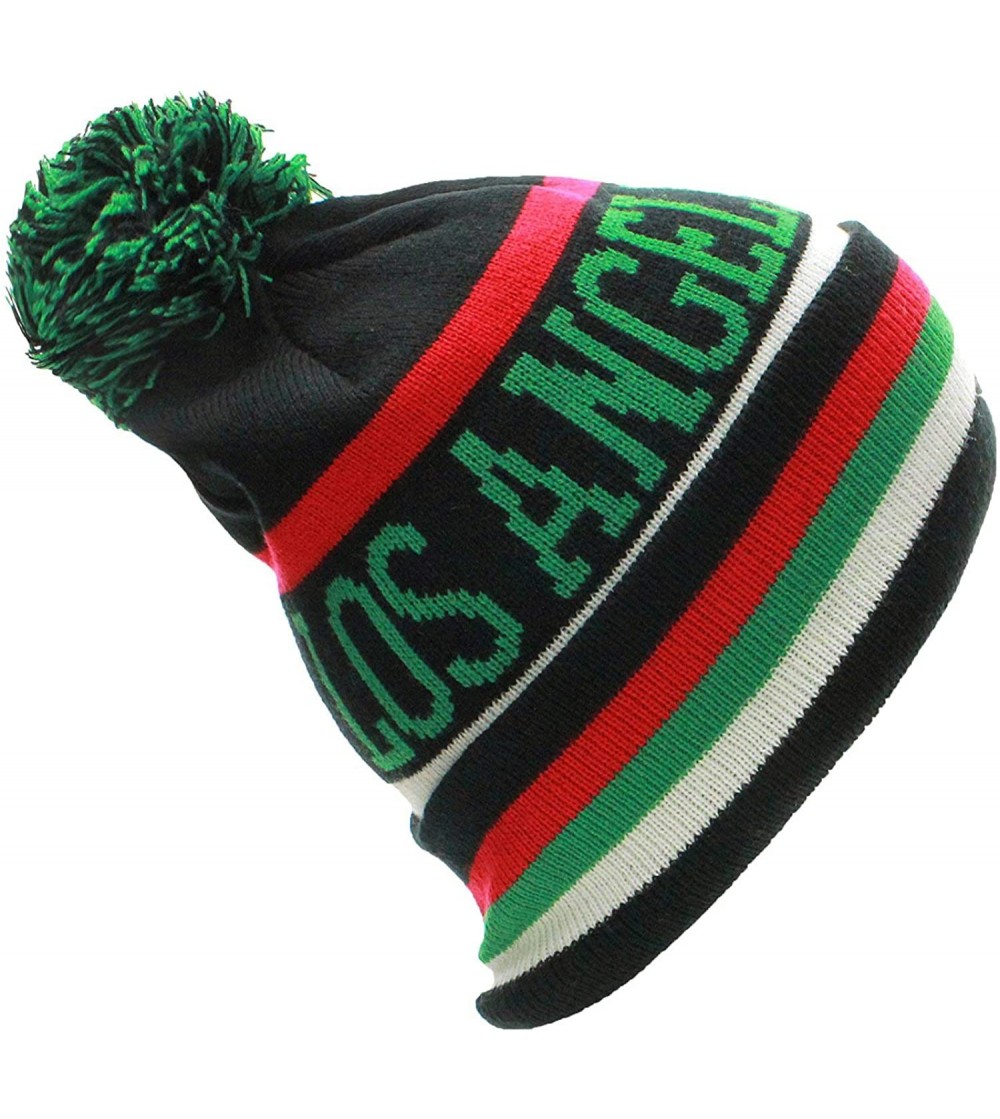 Skullies & Beanies Los Angeles California Winter Cuff Beanie Knit Pom Pom Hat Cap - Black Green - CC11P5E498R