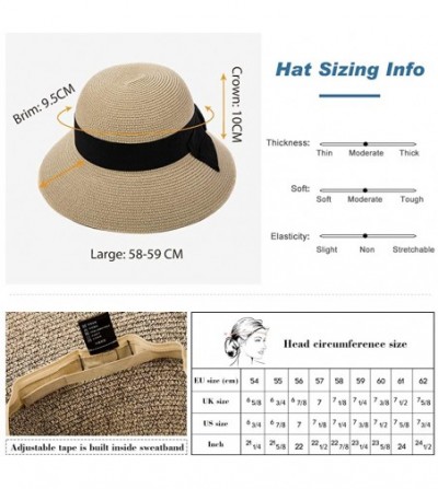 Sun Hats Packable Floppy Straw Cloche Sun Hat Derby Bow SPF 50 for Big Head Women Travel Beige 58-59cm - C218SO8T3N4