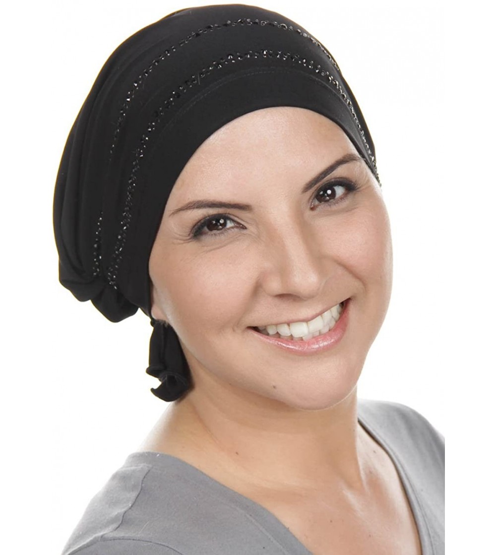 Skullies & Beanies The Abbey Cap with Rhinestones Chemo Caps Cancer Hats for Women - 01 -Black W/Black Crystal Double Trim - ...