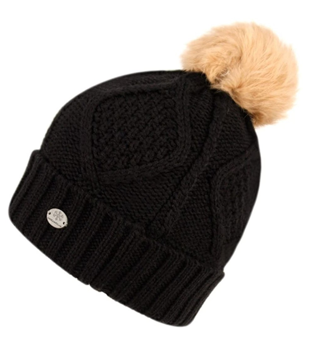Skullies & Beanies Women's Thick Cable Knit Beanie Hat with Soft Fur Pom Pom - Jet Black - CD12NT55762
